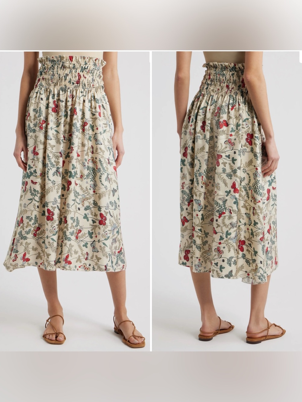 THE GREAT. Smocked-Waist Maxi Skirt in Cream with Red & Green Floral Print M - Picture 2 of 6